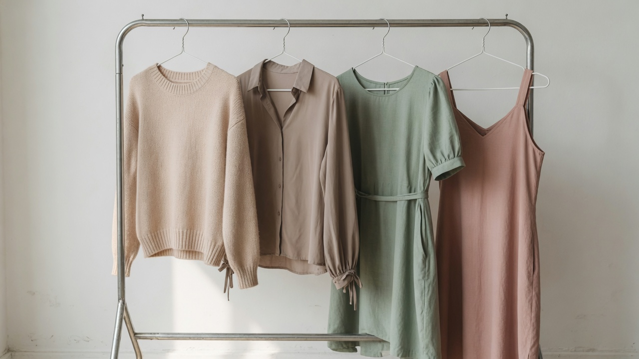 ハンガーラックに並んだ淡い色合いの女性向けの服