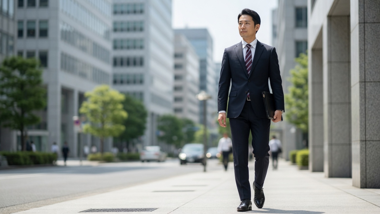清潔感のある装いで街を歩く男性(イメージ)