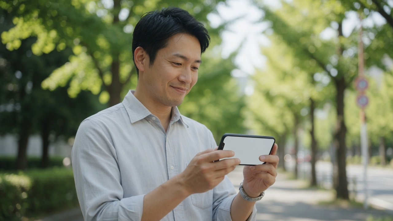 スマートフォンを手に持ち、画面を確認している人の手元
