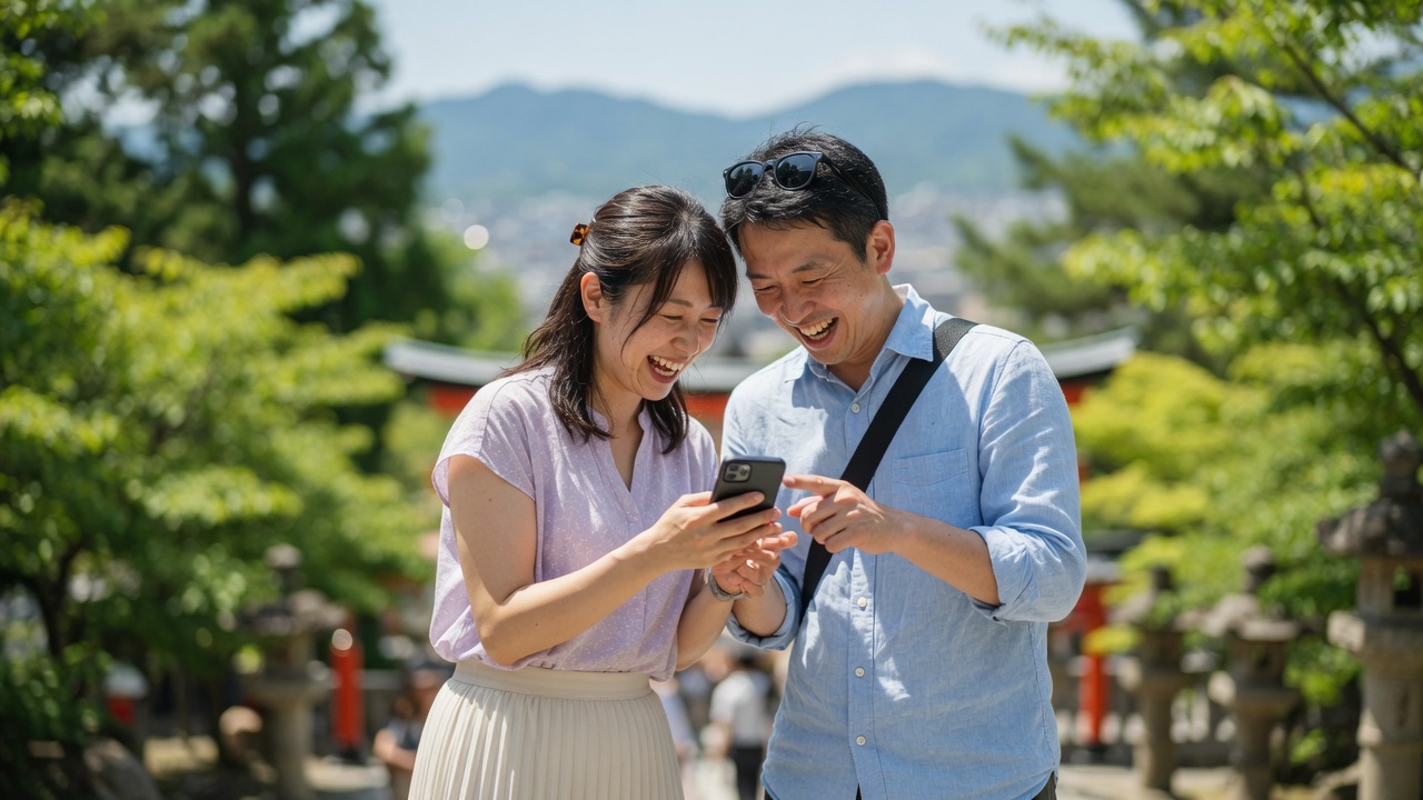 行楽地でスマートフォンを見ながら笑顔で話すカップル