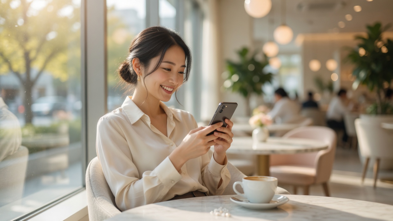 カフェでスマートフォンを見て微笑む女性