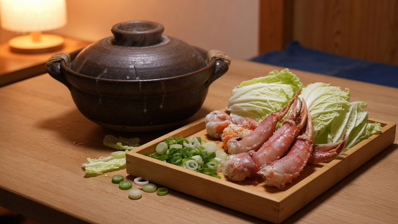 鍋のそばに並べられた生のカニの脚肉