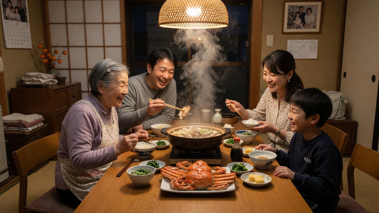食卓を囲んでカニ鍋を楽しむ家族