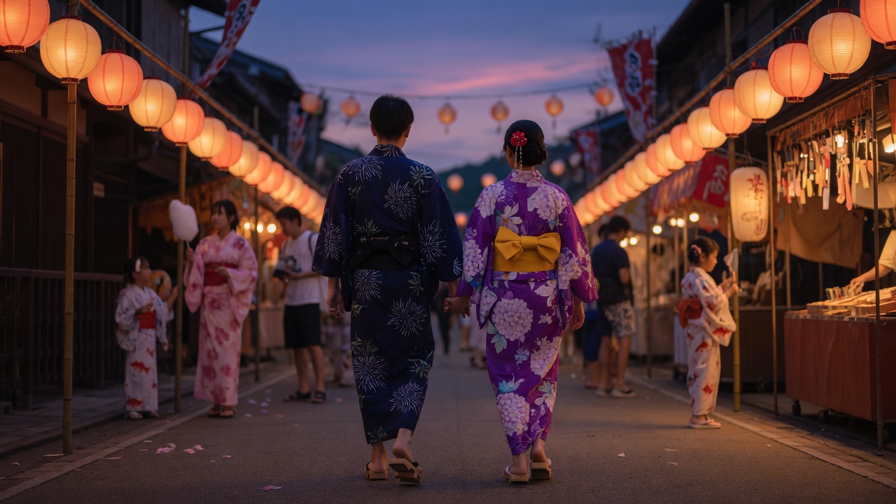 浴衣姿で夏祭りを歩く二人（イメージ）