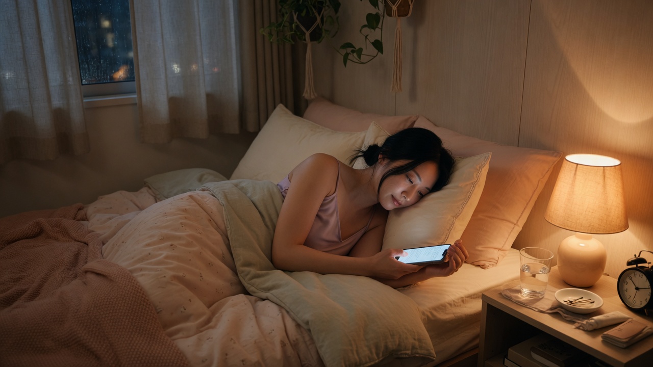 夜、ベッドでスマートフォンを読む女性