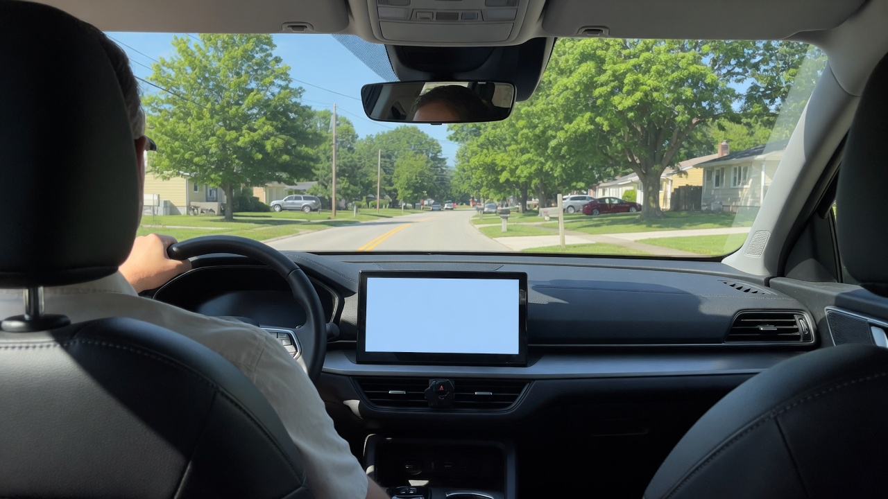 車のダッシュボードに取り付けられたナビ画面と、車内から見た走行中の景色
