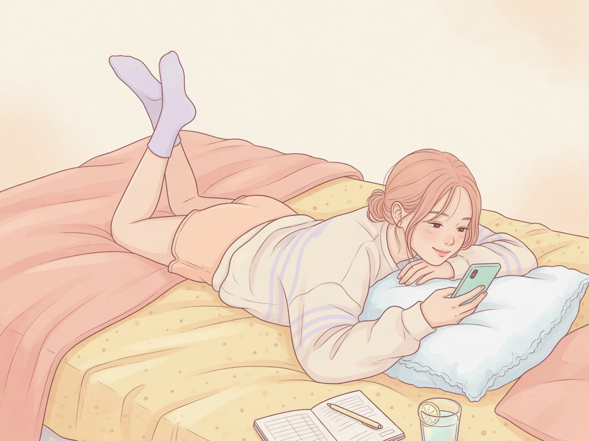 寝転んでスマホでマンガを楽しむ女性
