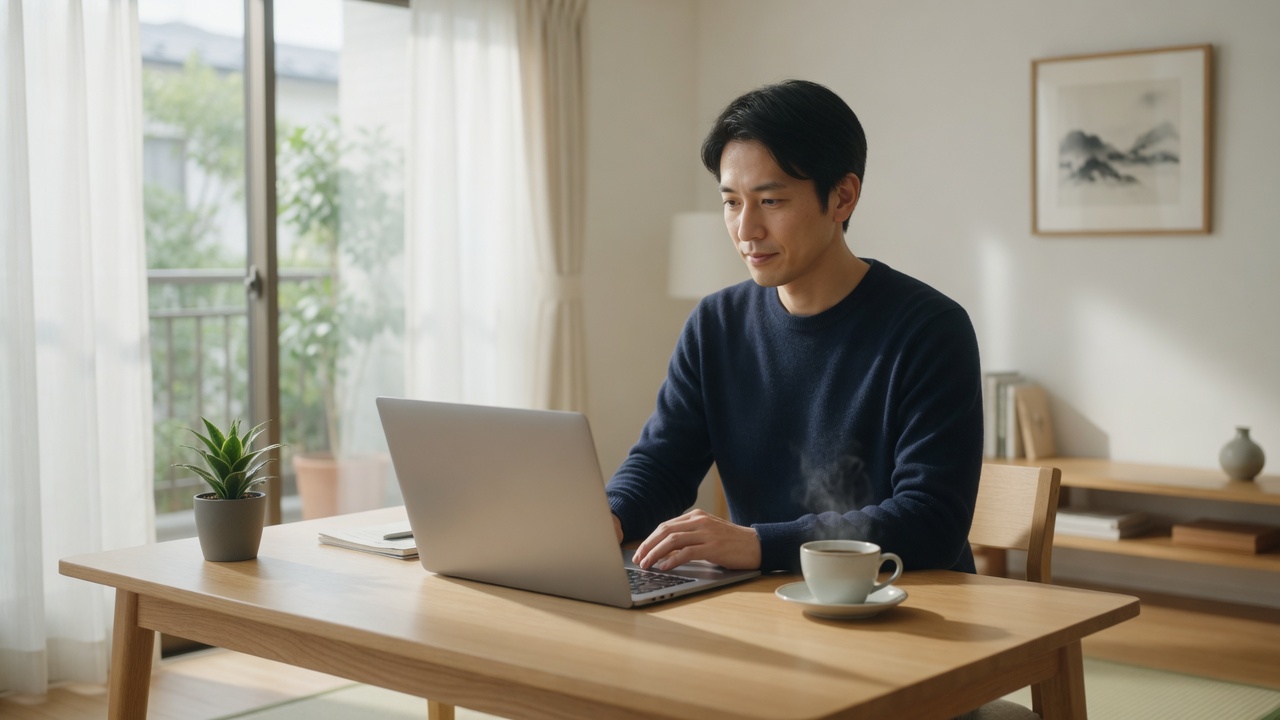 自宅の机でノートパソコンを使う男性(イメージ)