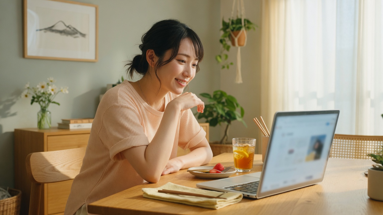 ダイニングでノートパソコンを開く女性(イメージ)