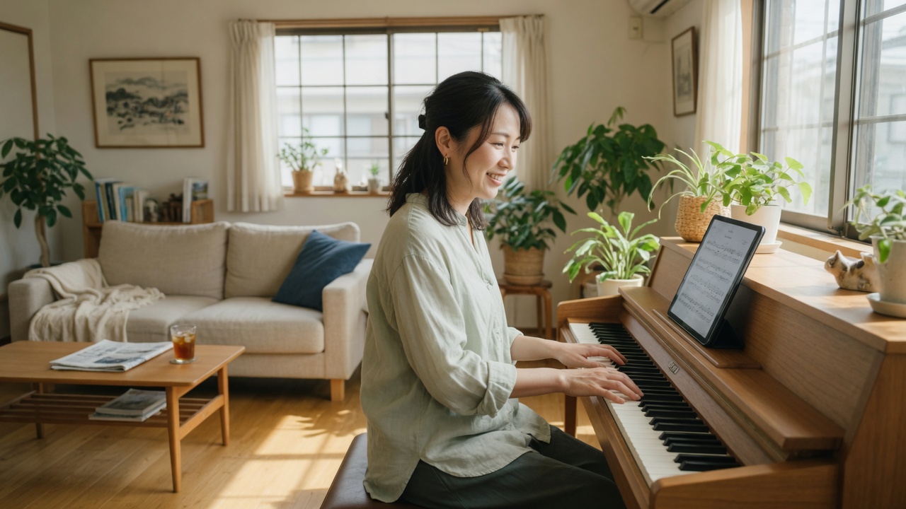 ピアノの前でタブレットを見ながら演奏する女性（イメージ）