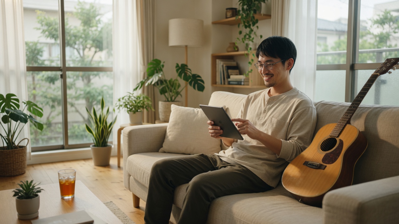 タブレットを見ながらギターを手にする男性（イメージ）