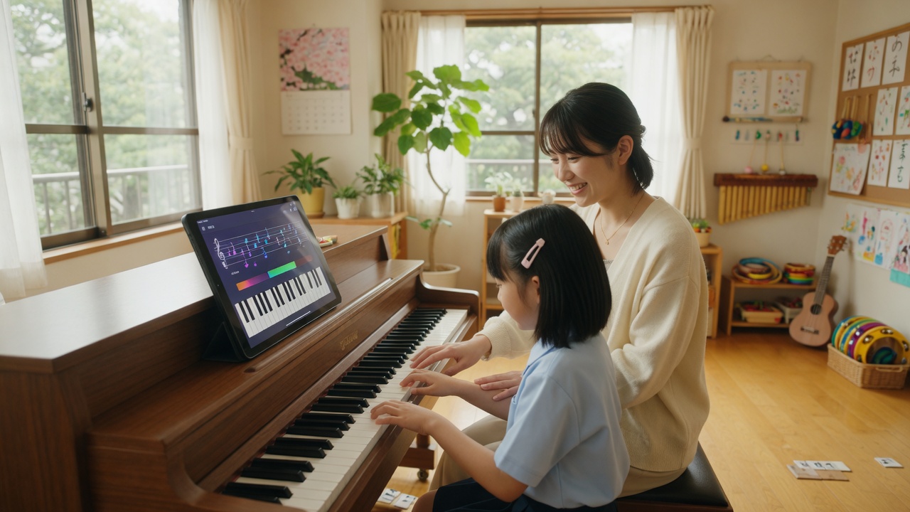 音楽教室でタブレットを使ってピアノを教える様子（イメージ）
