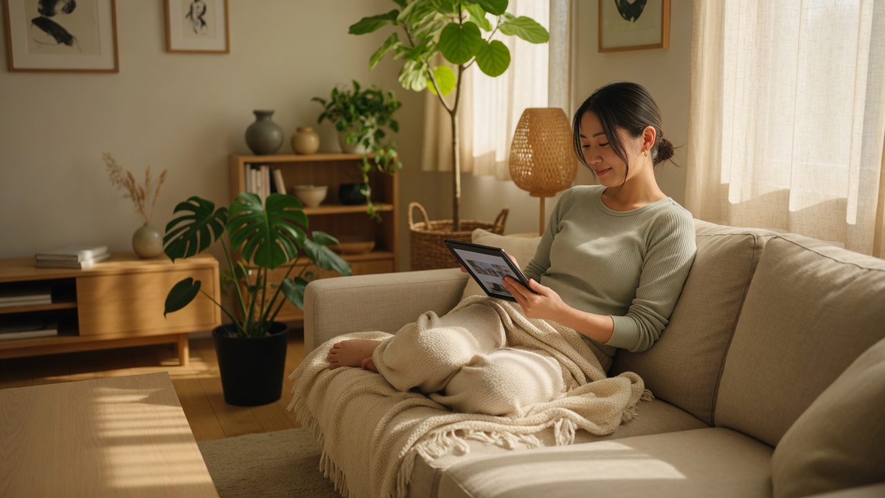 ソファでタブレットを読む女性
