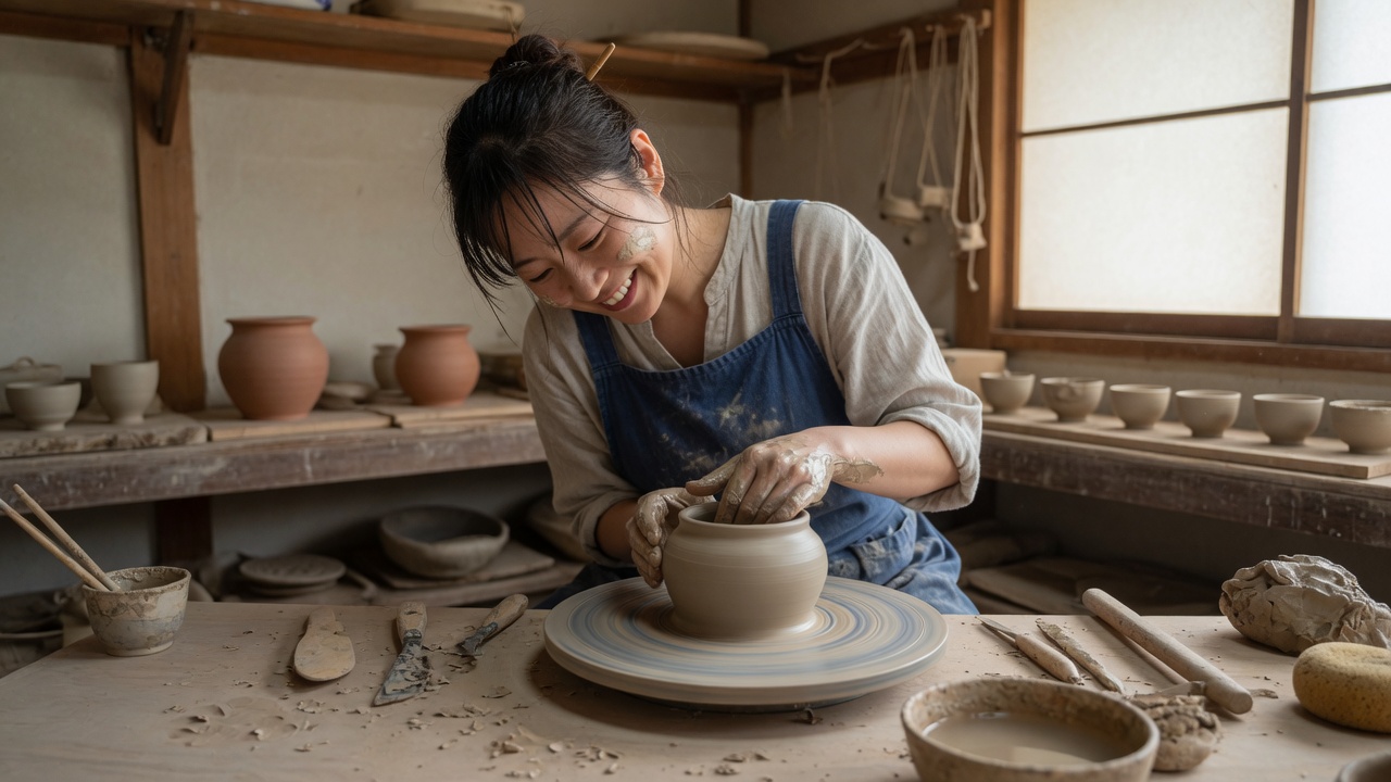 陶芸教室でろくろを回して器を作る女性