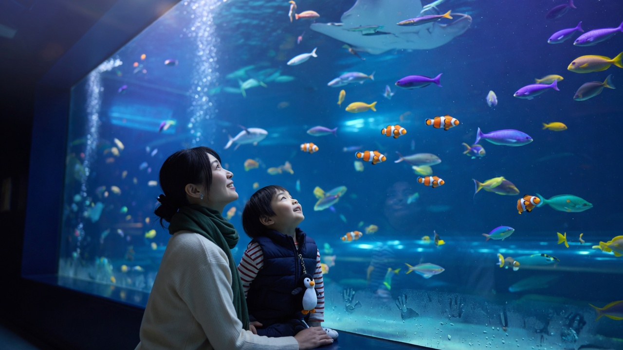 水族館の水槽を見上げる親子