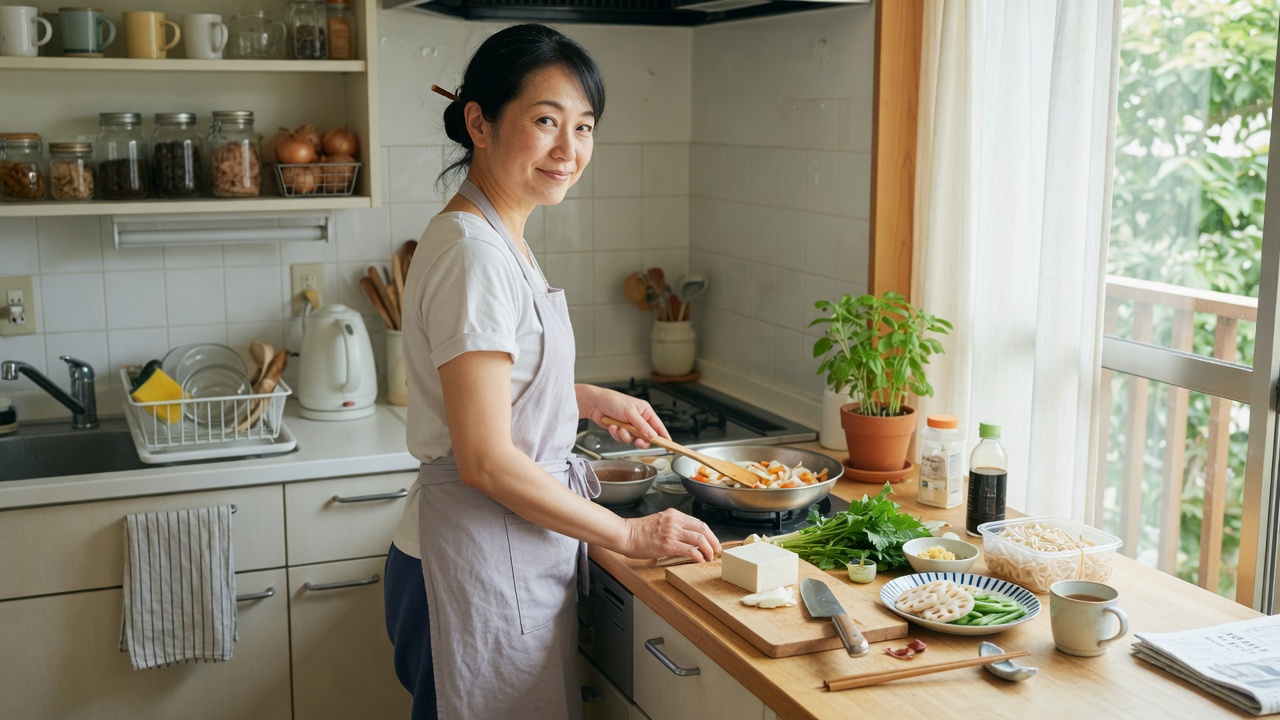 明るいキッチンで料理をする女性(イメージ)