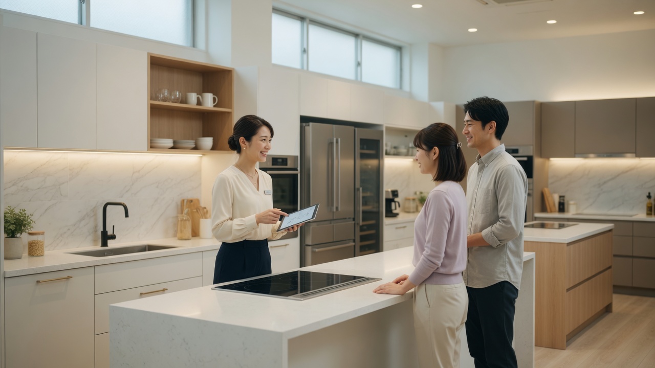 ショールームで相談する夫婦とアドバイザー(イメージ)