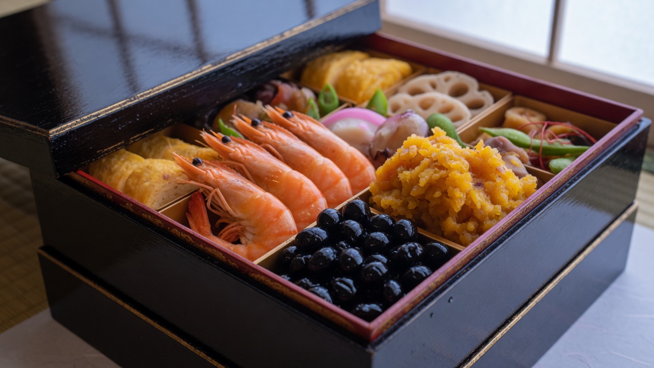 漆塗りの重箱に詰められたおせち料理