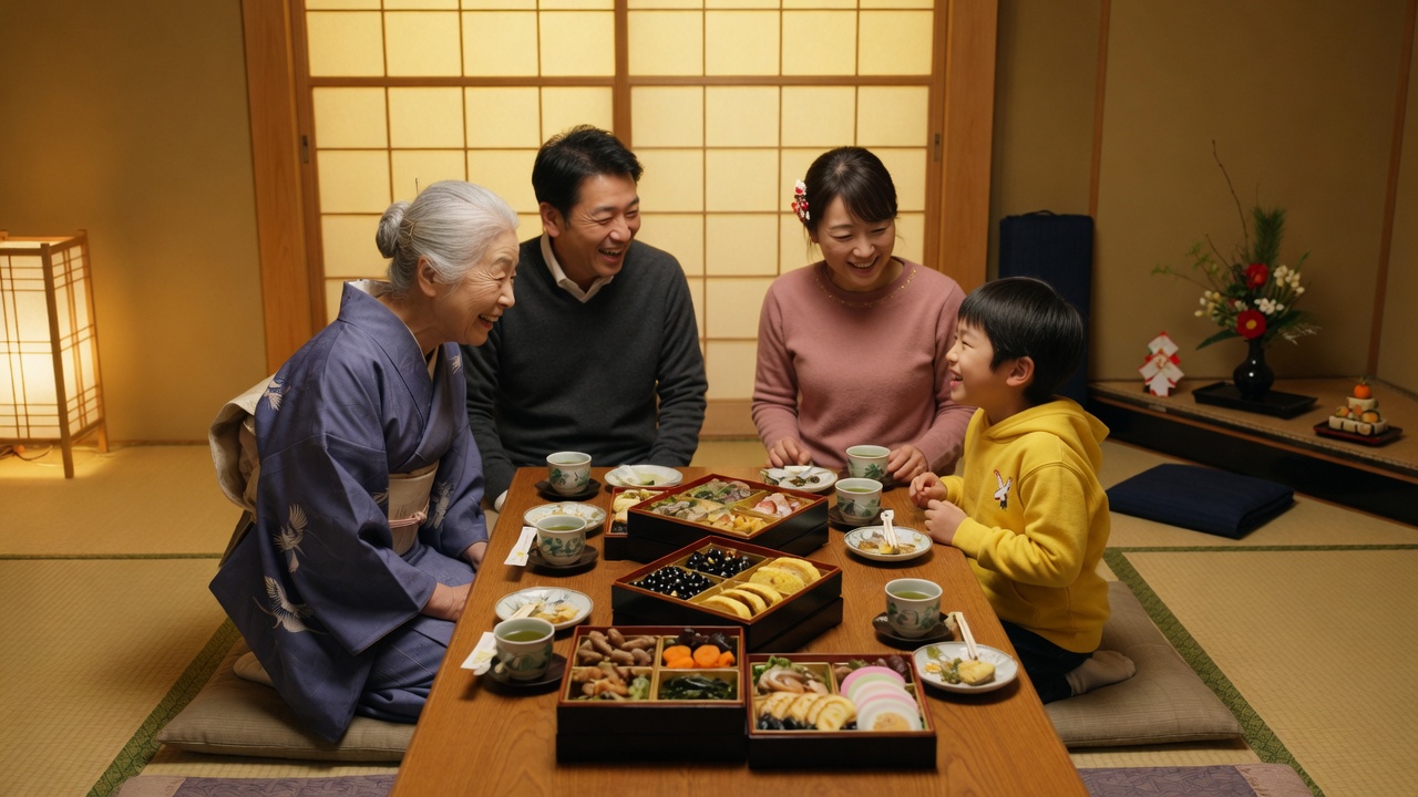 正月の食卓に並べられた重箱を家族で囲む様子