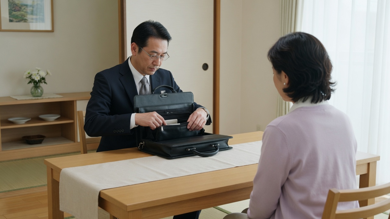 査定員が自宅のテーブルでブランド品を確認している様子