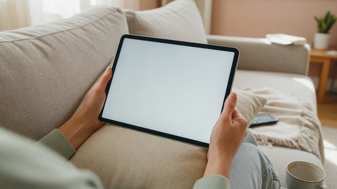ソファでタブレットを持ち電子書籍を読んでいる手元