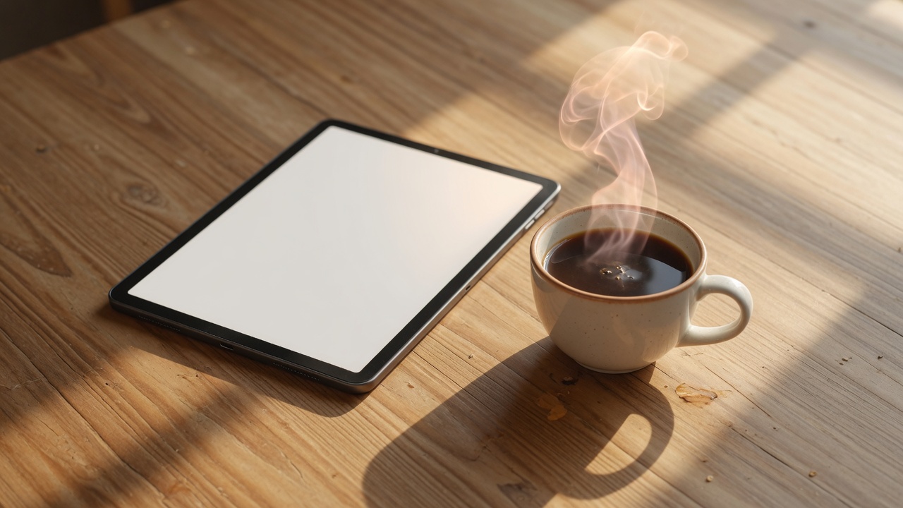テーブルに置かれたタブレットとコーヒーカップ