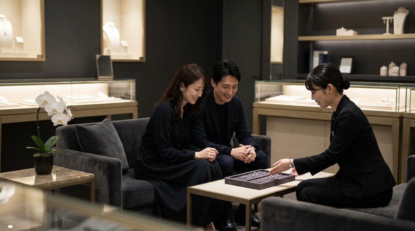店内のソファ席でスタッフの説明を聞きながら微笑んでいるふたり
