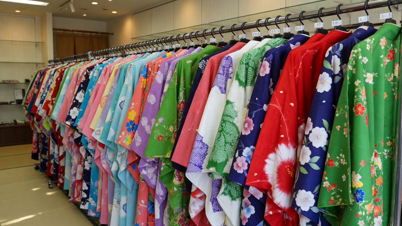 成人式の振袖を何着も並べて見比べている和装の店内
