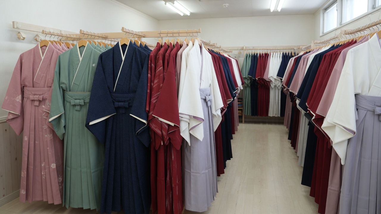 卒業式の袴と二尺袖きものを何着も並べて見比べている和装の店内