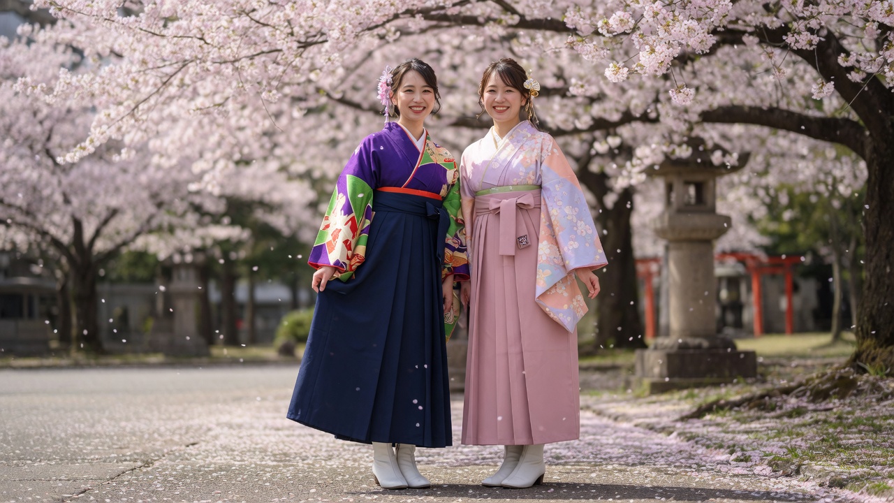 卒業式で袴姿の記念撮影に臨む様子