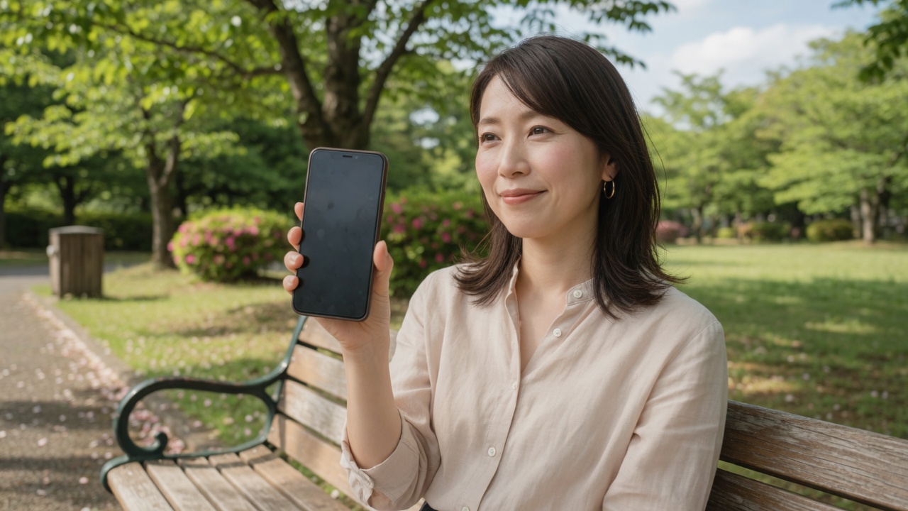 窓辺のテーブルに置かれたスマートフォンと観葉植物